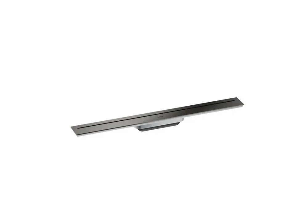 Schlanke Duschrinne in poliertem Schwarzchrom, hergestellt von AXOR, mit einer minimalistischen Formgebung und einer glatten Oberfläche.